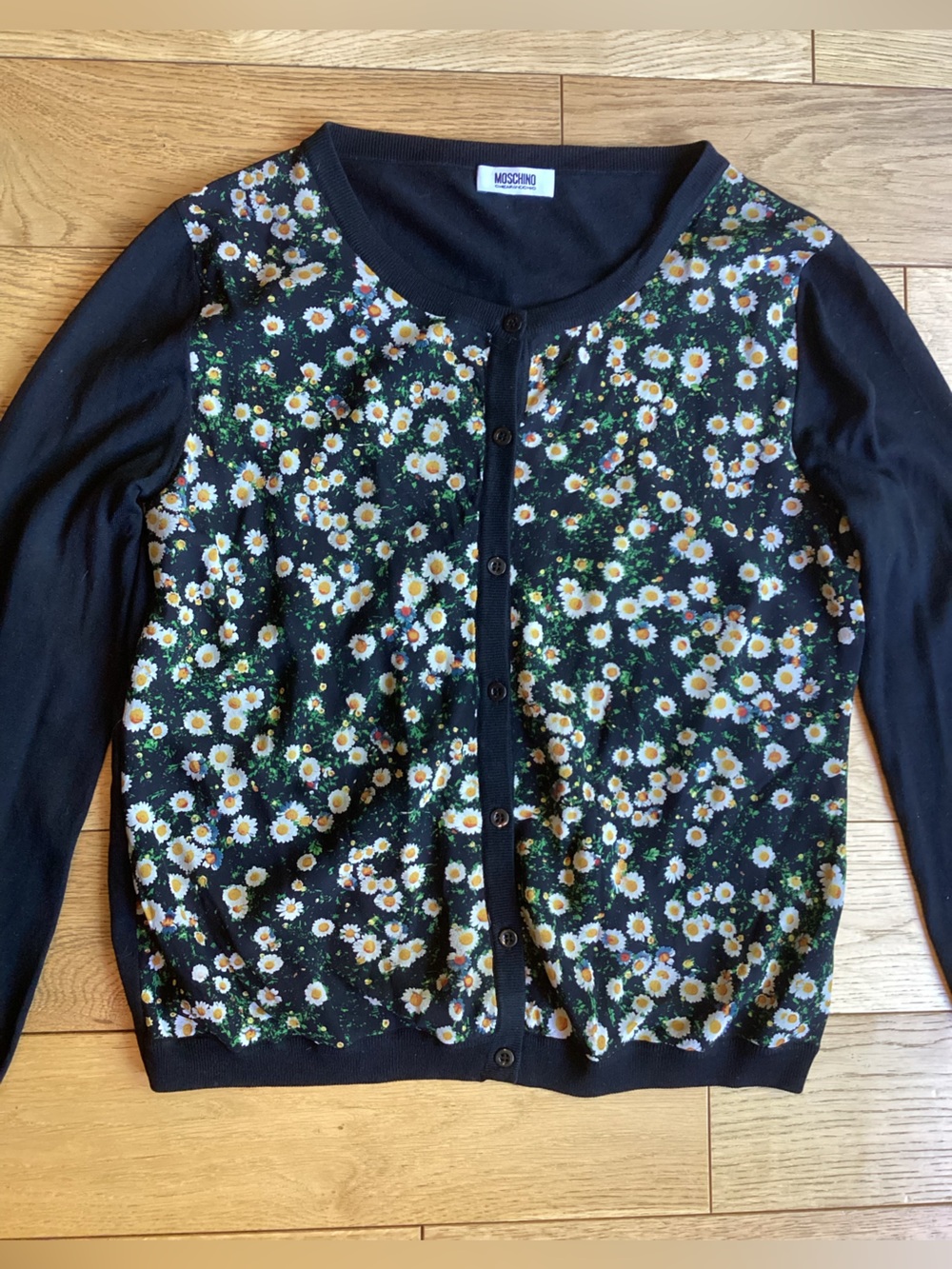 Moschino Black silk cashmere -Print Knit Button Front Cardigan